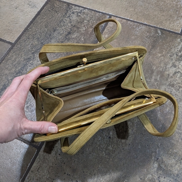 Vintage 60's Suede Structured Top Handle All Suede Satchel Bag Camel - Picture 5 of 10